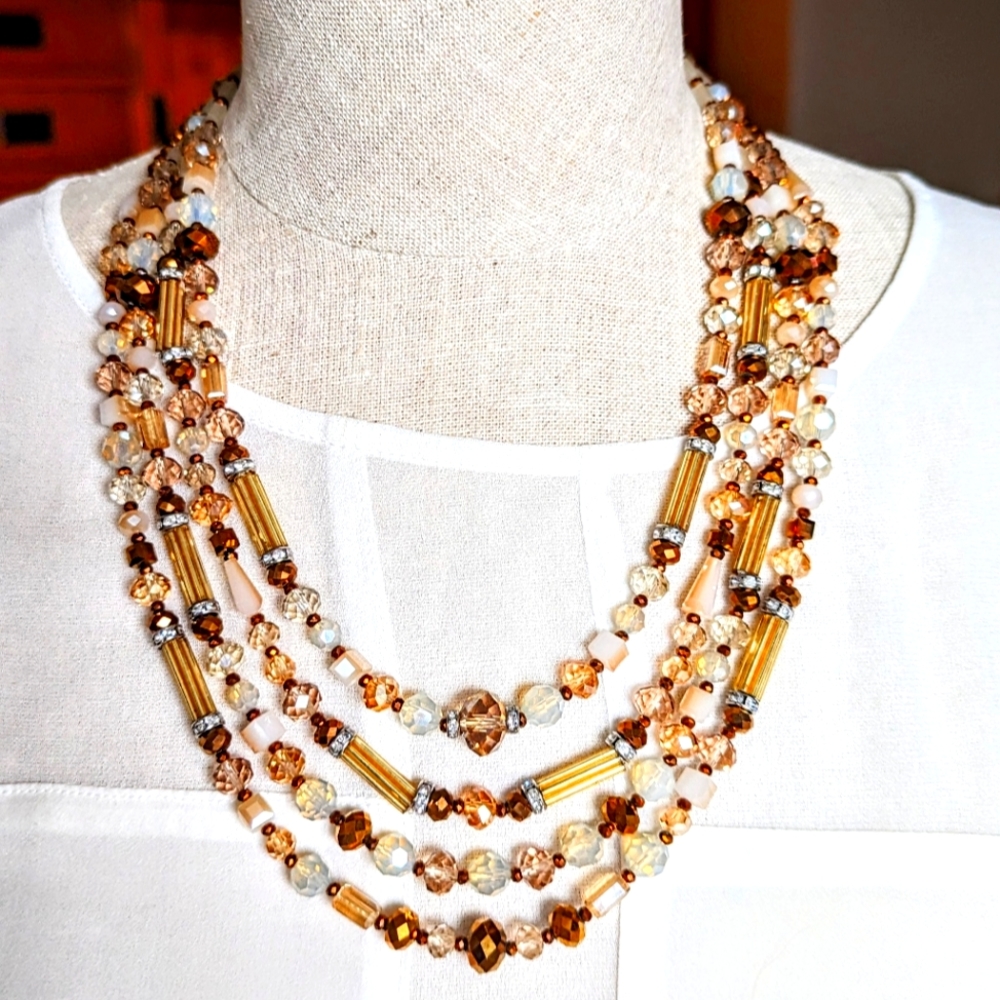 Denis & Charles Rush Multi-Strand Opal Brown Crystal Necklace Pre-Owned